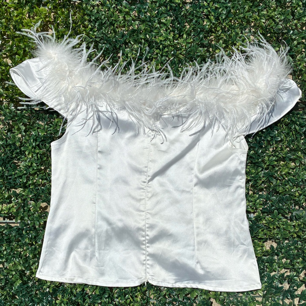 White Satin Feather Trim Corset-Style Top (Size L)